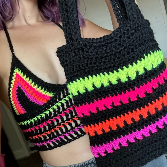 Tops - Neon Darkness crochet top + matching mini tote
